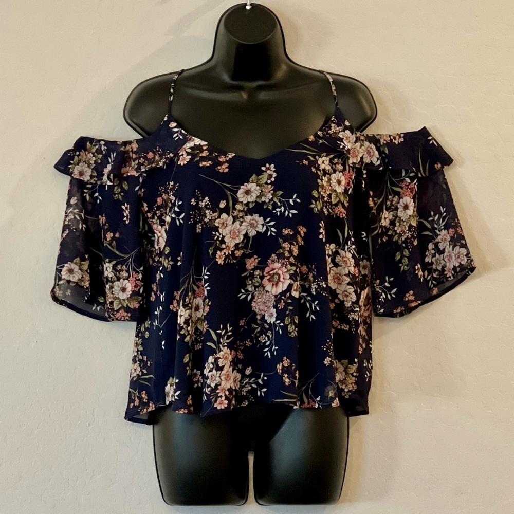 BLUE Floral Cold Shoulder Top